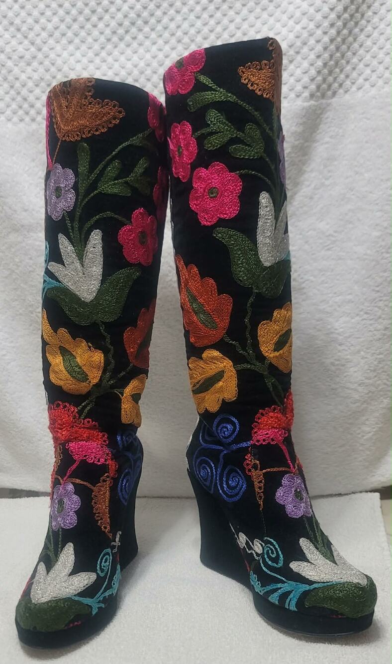 Rockwell Tharp Velvet Embroidered Suede Wedge Boots size 41